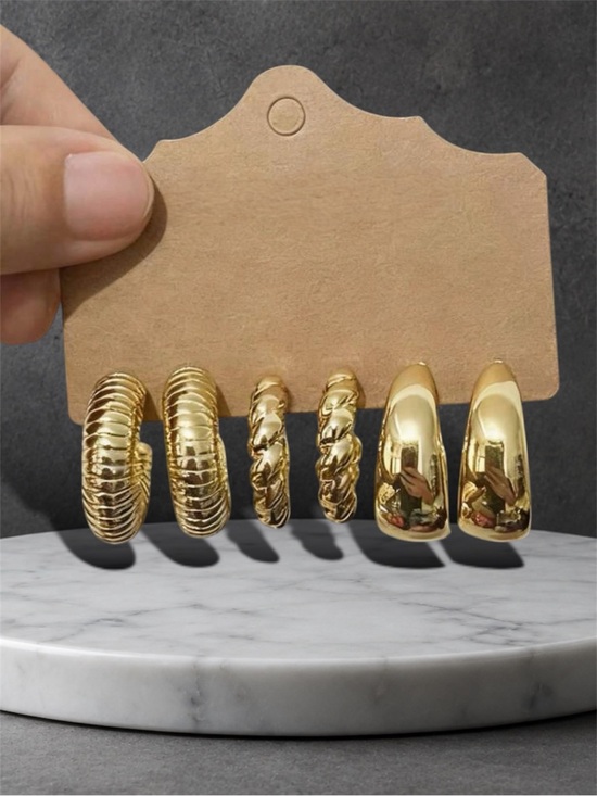 Jewelry - Gold Hoop Earrings Set | 3 Pair Chunky Ribbed Twisted Statement Hoop Bundle